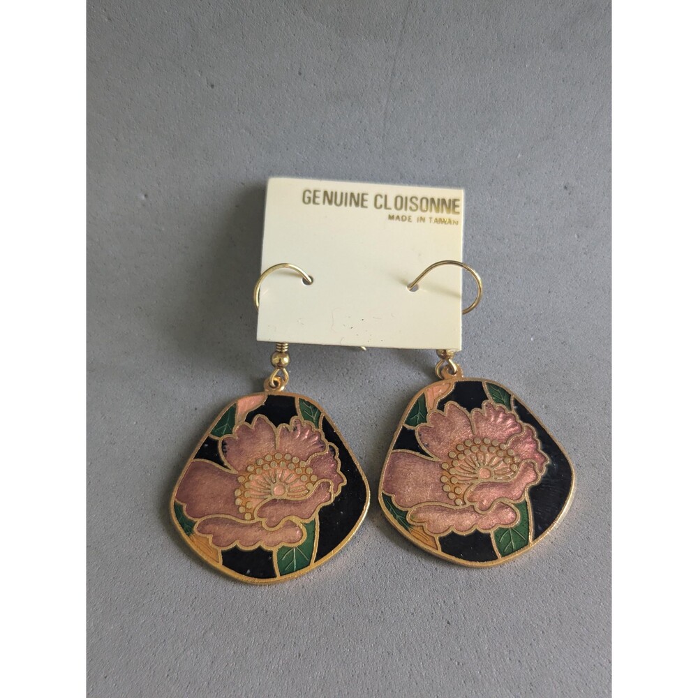 Vintage Taiwan Genuine Cloisonné Pink Floral Black Enamel Dangle Earrings NOS